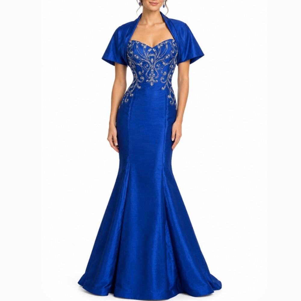 Jovani 4794A Blue Evening Gown Strapless Beaded Mermaid Dress and Wrap Size 6